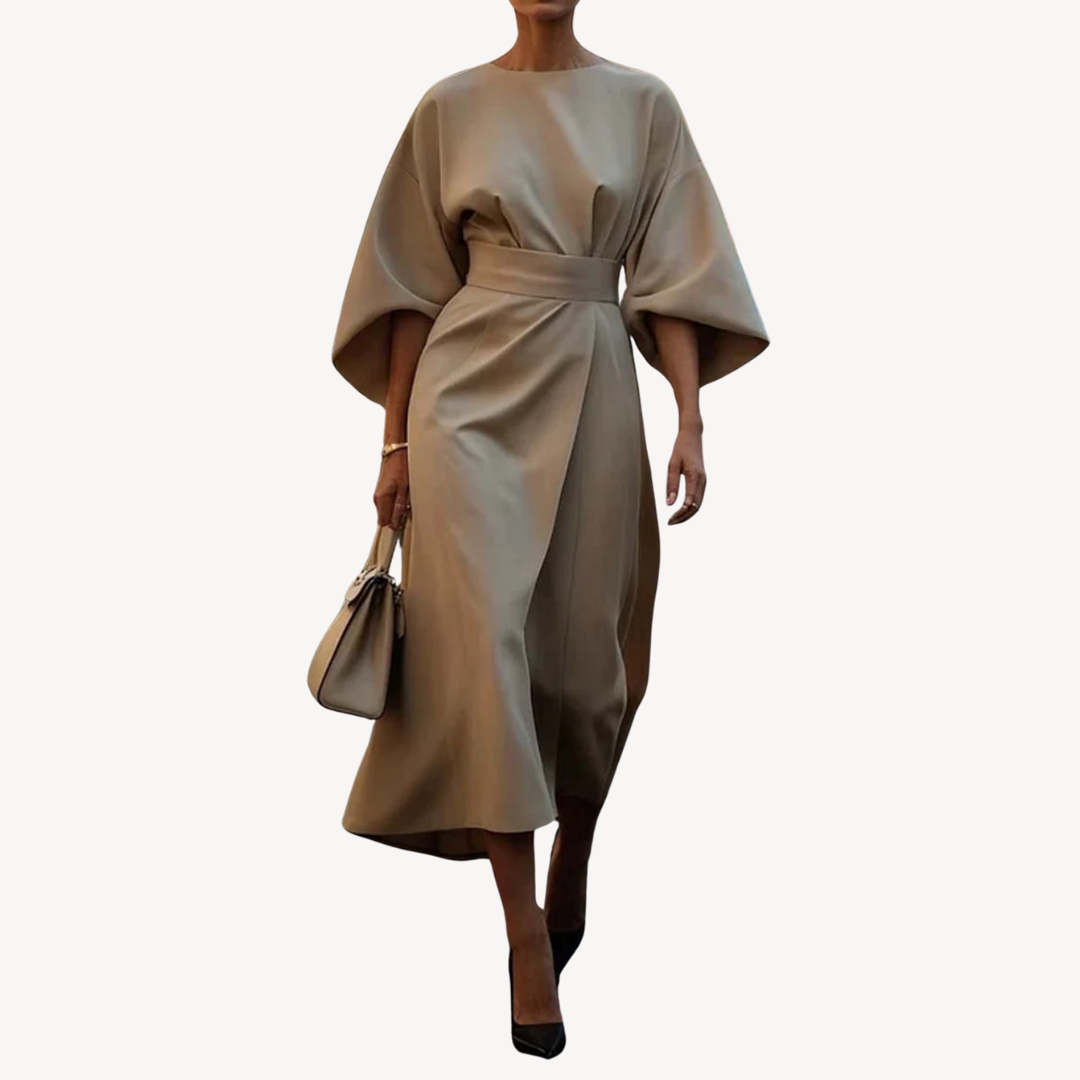 Elegant women's cotton midi dress with a belted waist, wide sleeves, and an A-line silhouette, available in various colors.