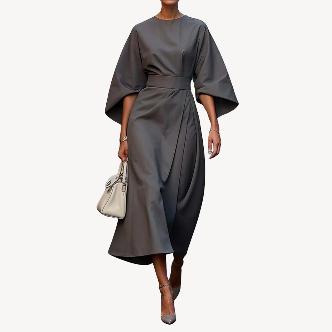 Elegant women's cotton midi dress with a belted waist, wide sleeves, and an A-line silhouette, available in various colors.