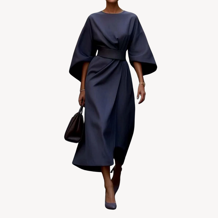 Elegant women's cotton midi dress with a belted waist, wide sleeves, and an A-line silhouette, available in various colors.