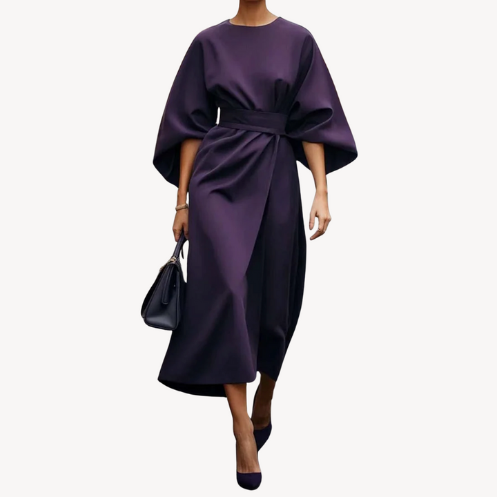 Elegant women's cotton midi dress with a belted waist, wide sleeves, and an A-line silhouette, available in various colors.