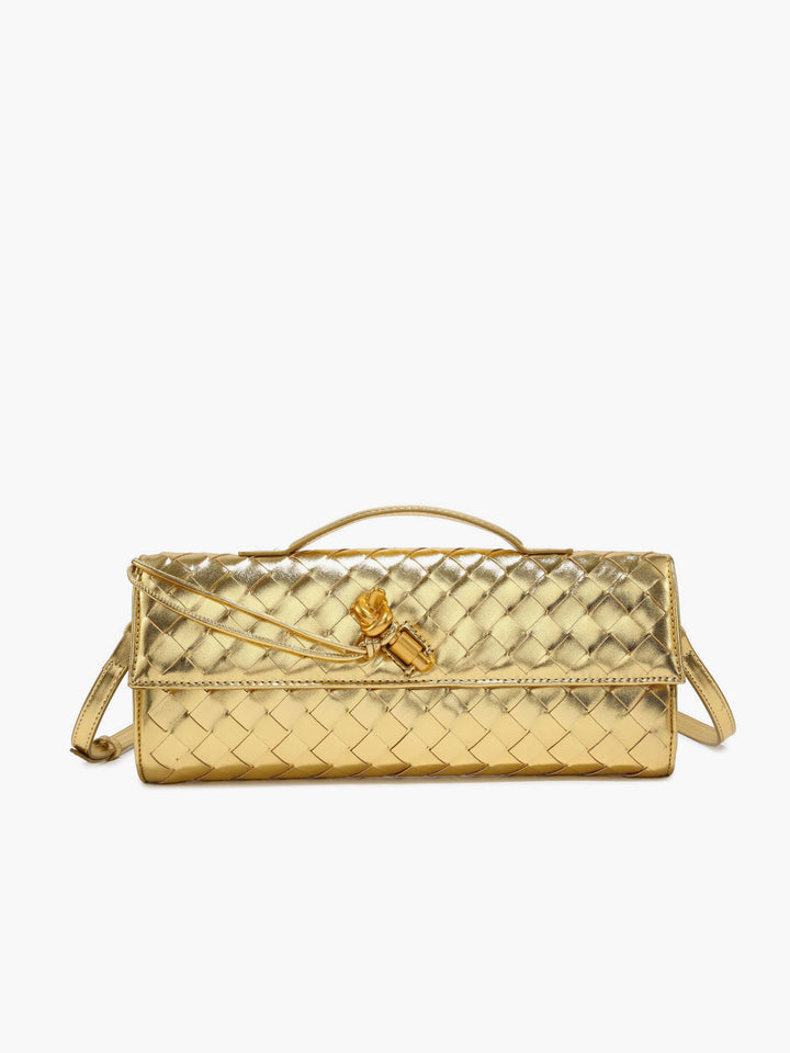 Refined silver woven evening clutch for women, designed with a sleek flap and spacious interior.