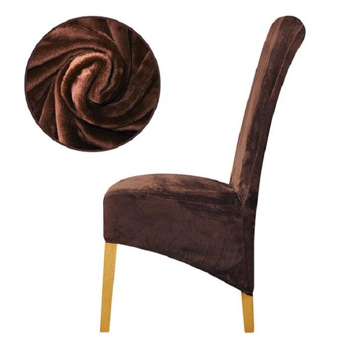 Elegant XL stretch velvet dining chair cover in camel, showcases plush velvet texture, ideal for home or events, fits armless