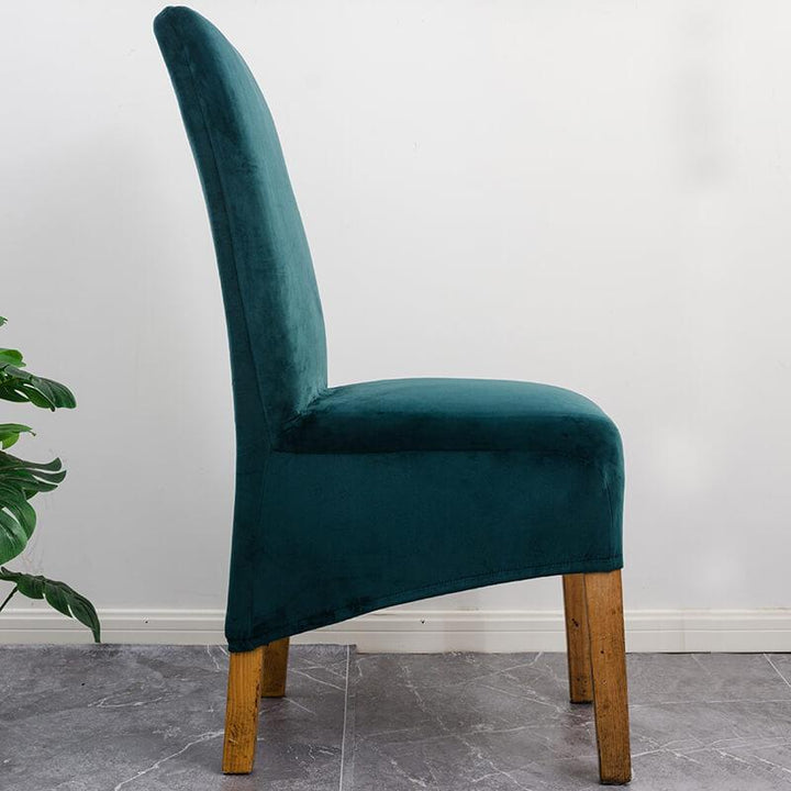 Elegant XL stretch velvet dining chair cover in camel, showcases plush velvet texture, ideal for home or events, fits armless