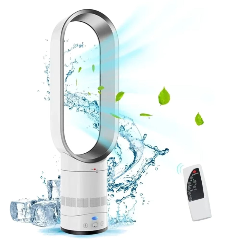 "Energy-efficient bladeless tower fan in gold, featuring sleek design, safe airflow, and wireless remote for modern home comf