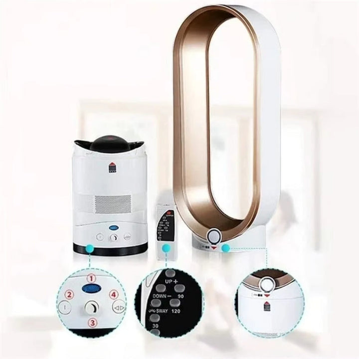 "Energy-efficient bladeless tower fan in gold, featuring sleek design, safe airflow, and wireless remote for modern home comf