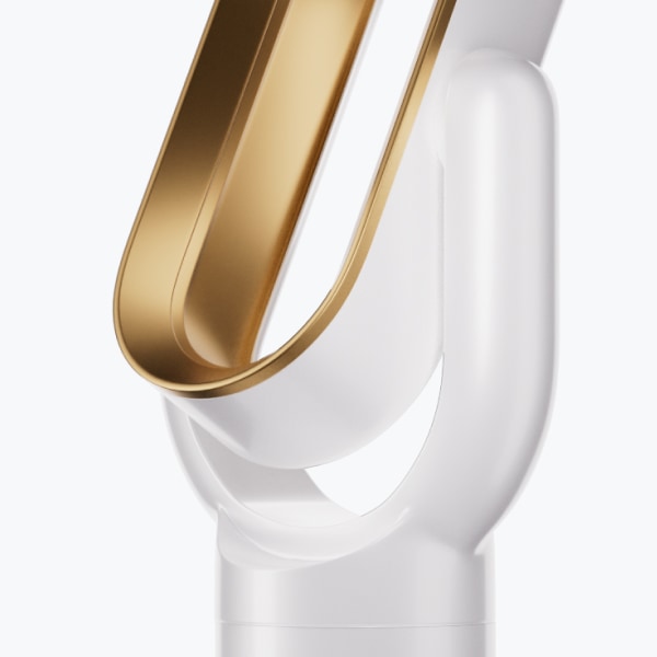"Energy-efficient bladeless tower fan in gold, featuring sleek design, safe airflow, and wireless remote for modern home comf