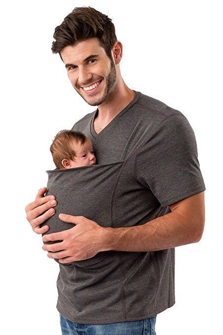 Parents enjoying hands-free parenting with the stylish & comfortable CarryEase babywearing t-shirt.
