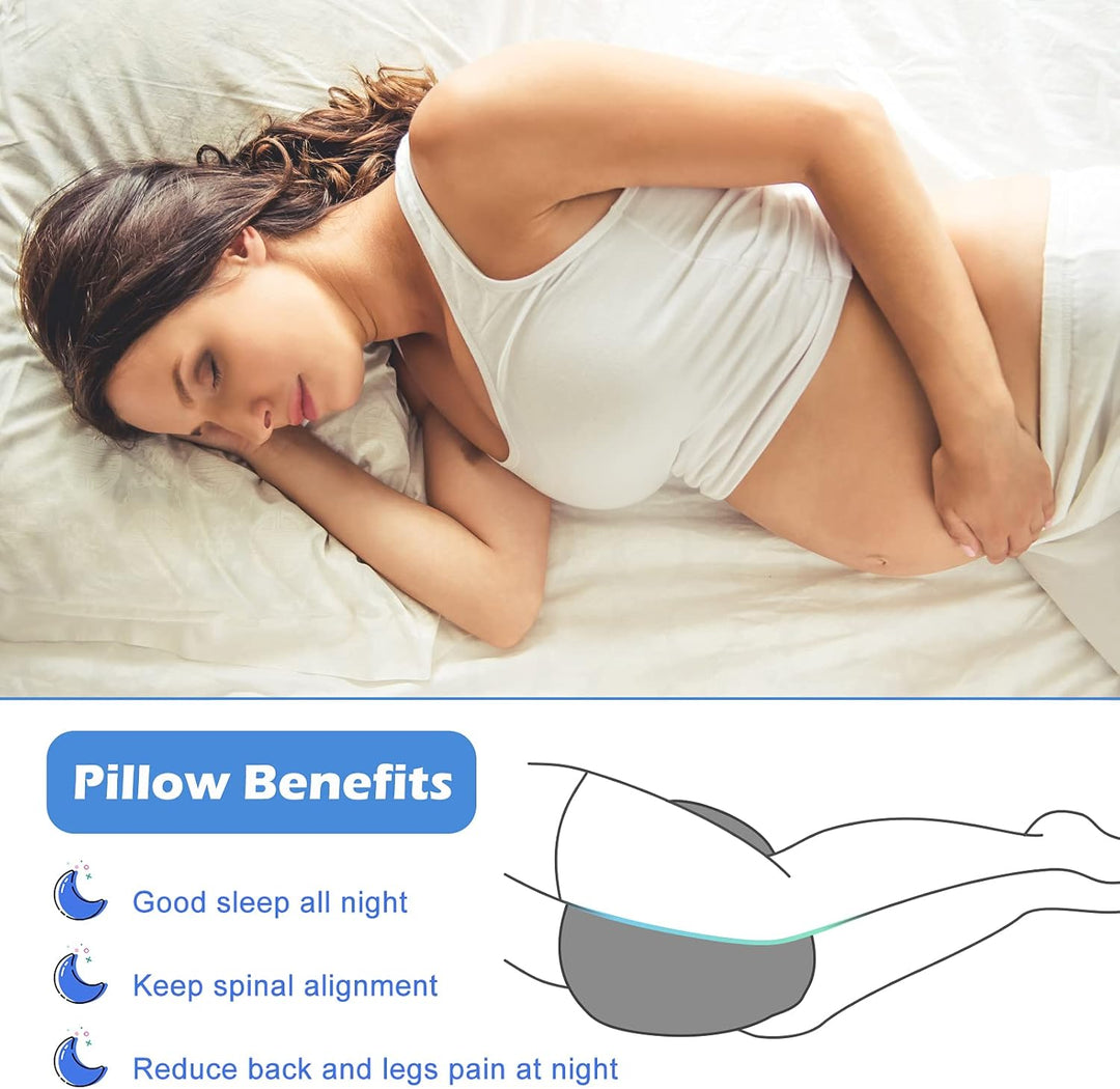 "Ergonomic grey knee pillow for side sleepers, enhancing alignment and comfort with breathable memory foam for spinal health.