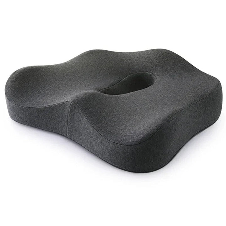Ergonomic memory foam support cushion for office and car use; contoured design with removable cover for ultimate comfort.