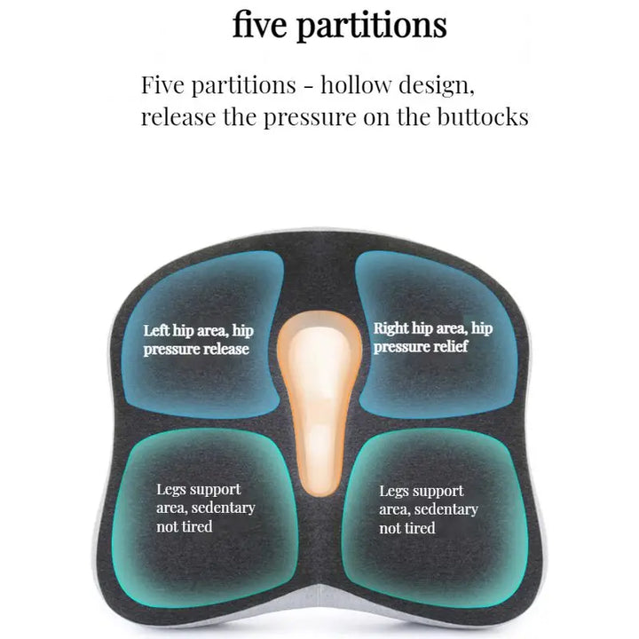 Ergonomic memory foam support cushion for office and car use; contoured design with removable cover for ultimate comfort.