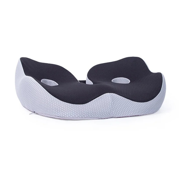 "Ergonomic men's memory foam seat cushion in grey, supports hips and back, perfect for office chairs and car seats."