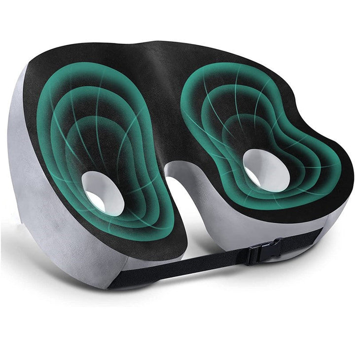 "Ergonomic men's memory foam seat cushion in grey, supports hips and back, perfect for office chairs and car seats."