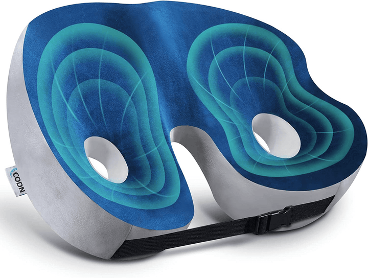 "Ergonomic men's memory foam seat cushion in grey, supports hips and back, perfect for office chairs and car seats."