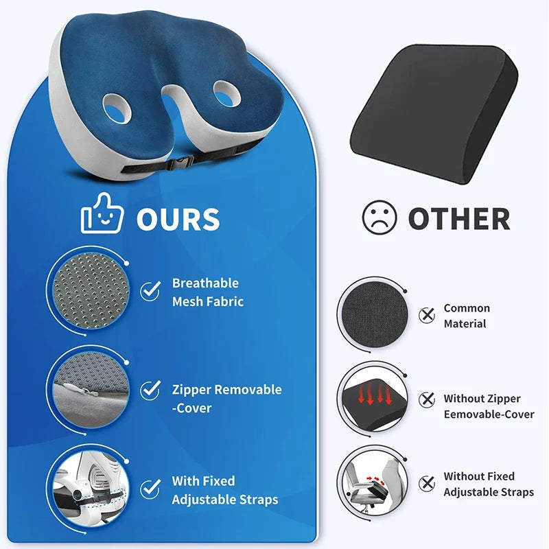 "Ergonomic men's memory foam seat cushion in grey, supports hips and back, perfect for office chairs and car seats."