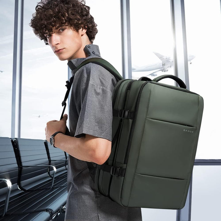 Expandable waterproof travel backpack in black, a sleek and functional choice for any traveler.