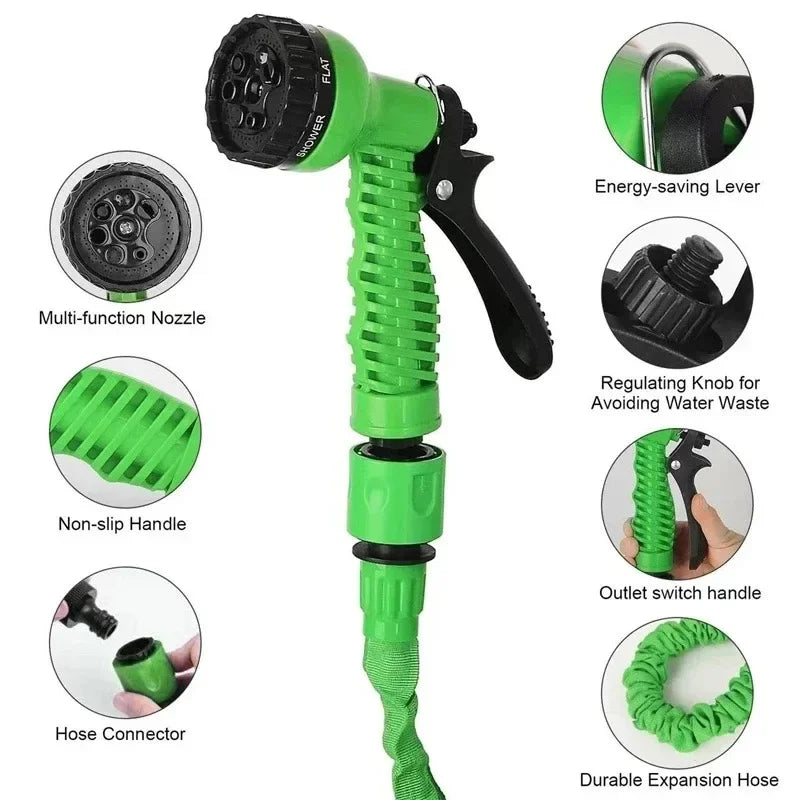 "Expandable garden hose with blue flexible design, 7-function spray gun, ideal for easy outdoor watering and DIY tasks."