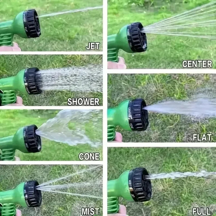 "Expandable garden hose with blue flexible design, 7-function spray gun, ideal for easy outdoor watering and DIY tasks."
