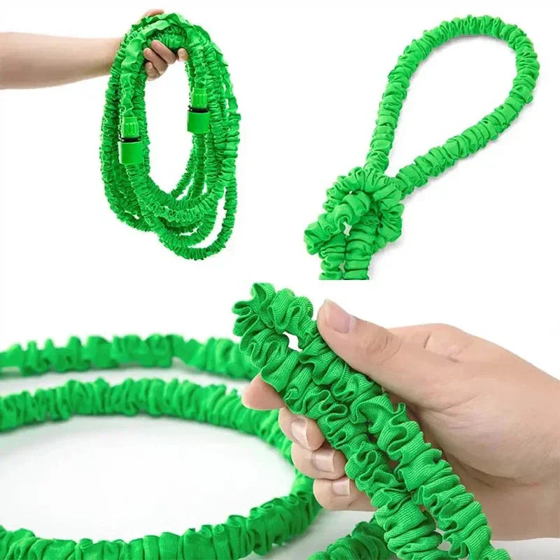 "Expandable garden hose with blue flexible design, 7-function spray gun, ideal for easy outdoor watering and DIY tasks."