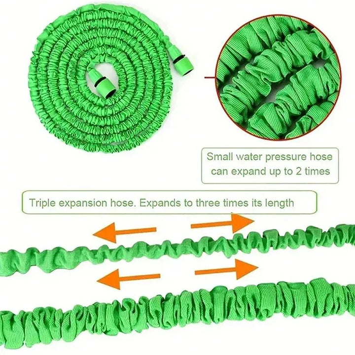 "Expandable garden hose with blue flexible design, 7-function spray gun, ideal for easy outdoor watering and DIY tasks."