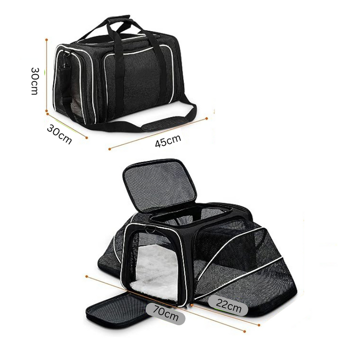 "Expandable pet carrier with breathable mesh, adjustable straps, and spacious design, perfect for pets up to 10kg."