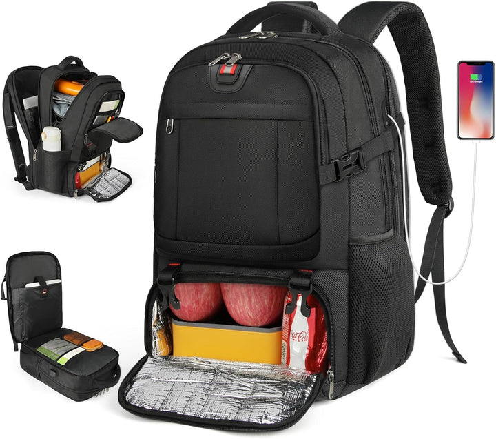 Extra-large unisex travel backpack with laptop sleeve, insulated lunch compartment, and built-in USB charging port.