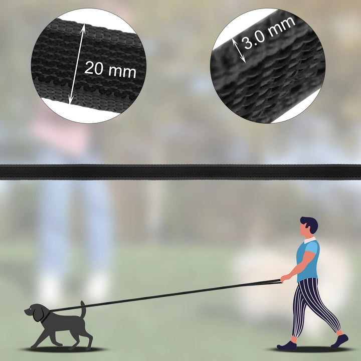 "Extra long waterproof dog lead with comfy handle, in orange, durable nylon for all weather, secure soft-touch grip."