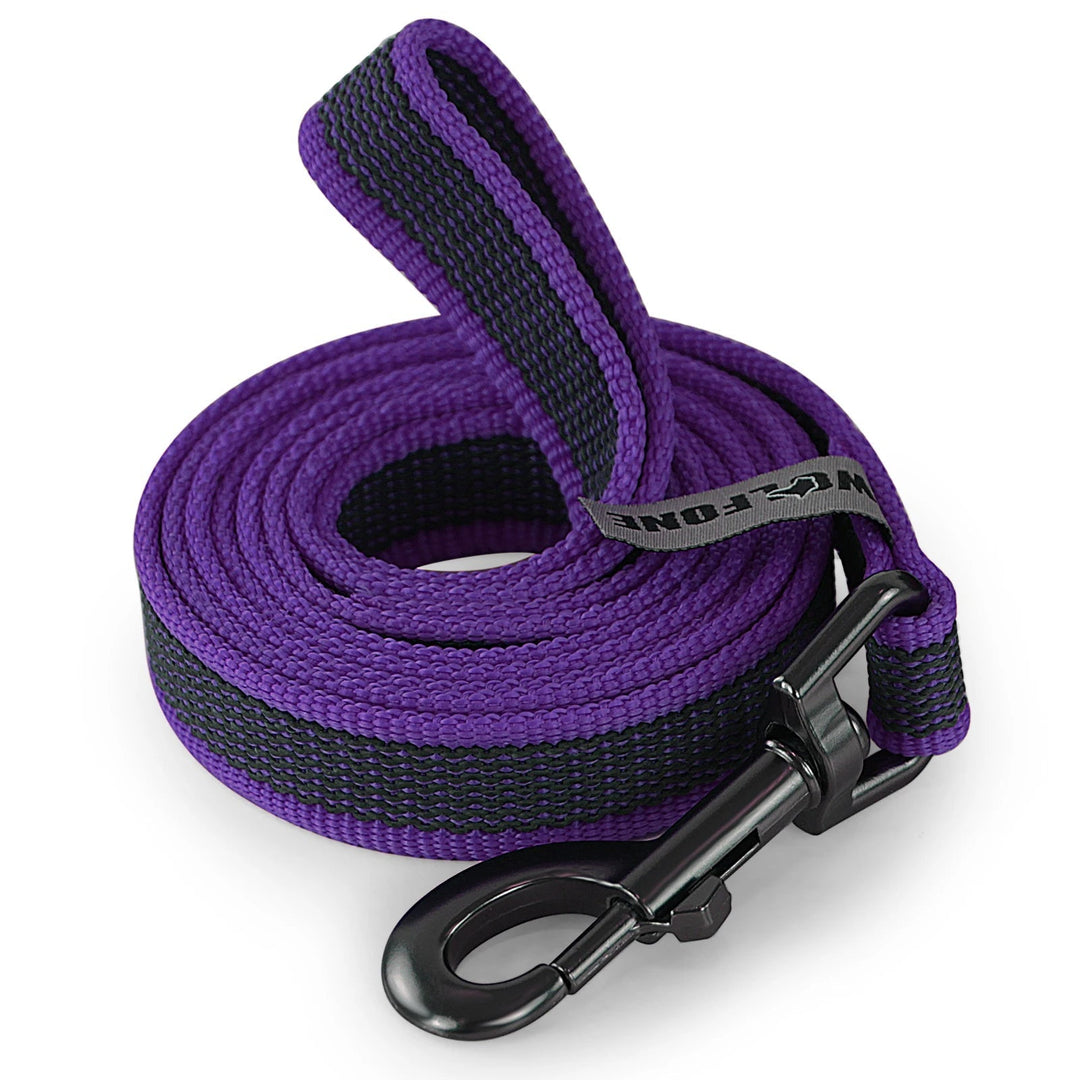 "Extra long waterproof dog lead with comfy handle, in orange, durable nylon for all weather, secure soft-touch grip."
