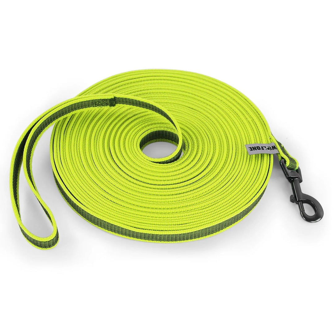 "Extra long waterproof dog lead with comfy handle, in orange, durable nylon for all weather, secure soft-touch grip."