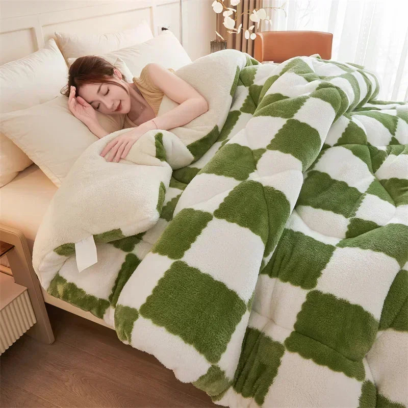 "Extra thick plaid weighted blanket on bed, ultra-soft for winter warmth, home decor, cozy and stylish design"