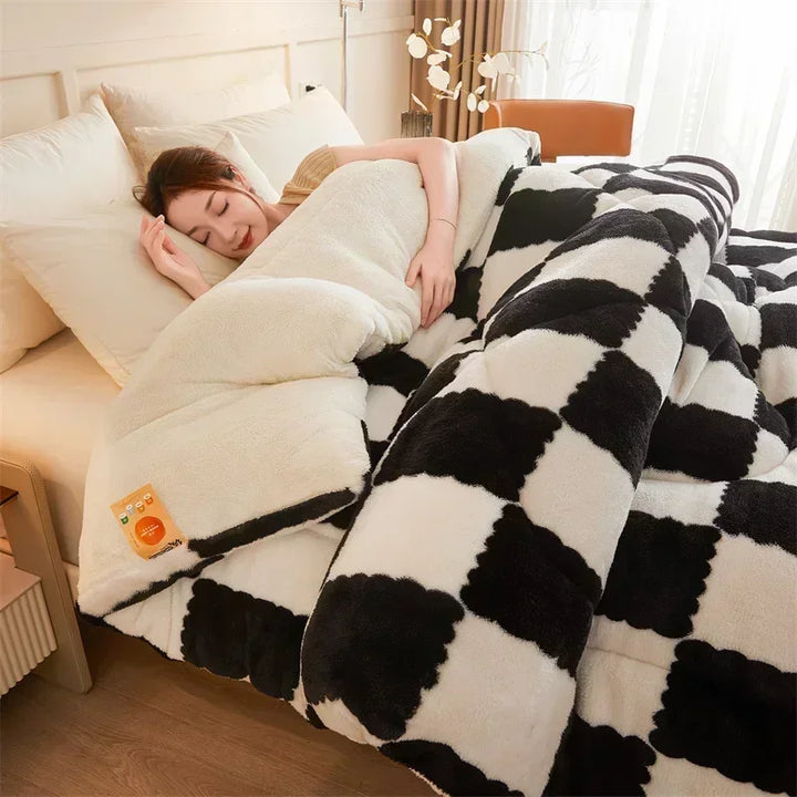 "Extra thick plaid weighted blanket on bed, ultra-soft for winter warmth, home decor, cozy and stylish design"