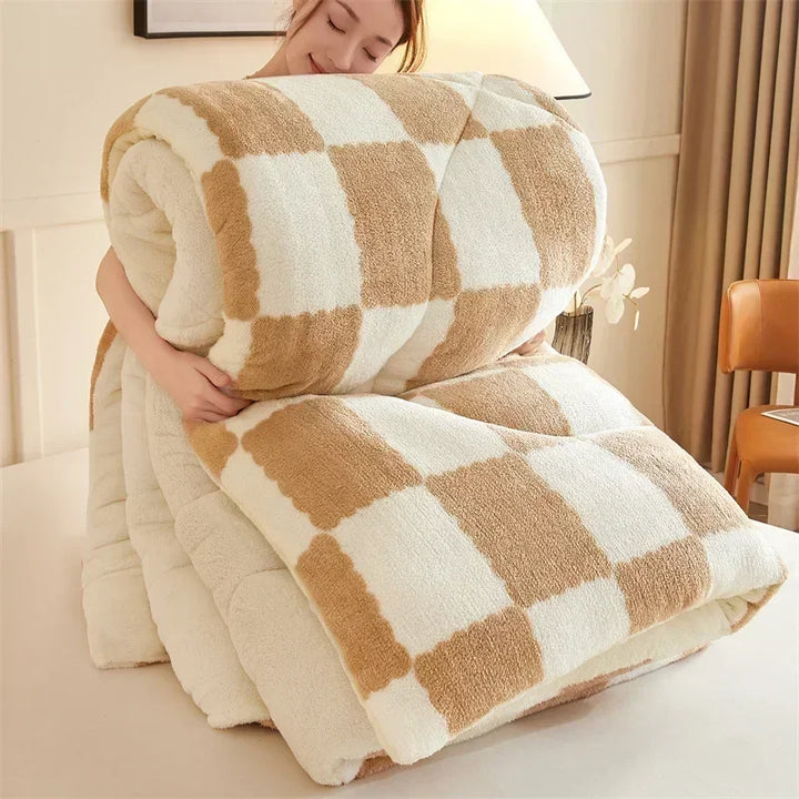 "Extra thick plaid weighted blanket on bed, ultra-soft for winter warmth, home decor, cozy and stylish design"