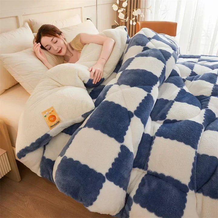 "Extra thick plaid weighted blanket on bed, ultra-soft for winter warmth, home decor, cozy and stylish design"