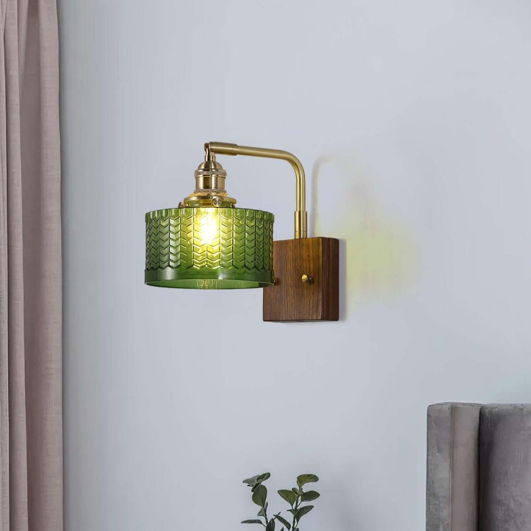 Rustic Green Glass Wall Light with Wooden Base