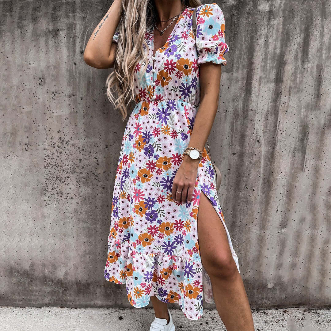 Floral V-Neck Puff Sleeve Midi Dress