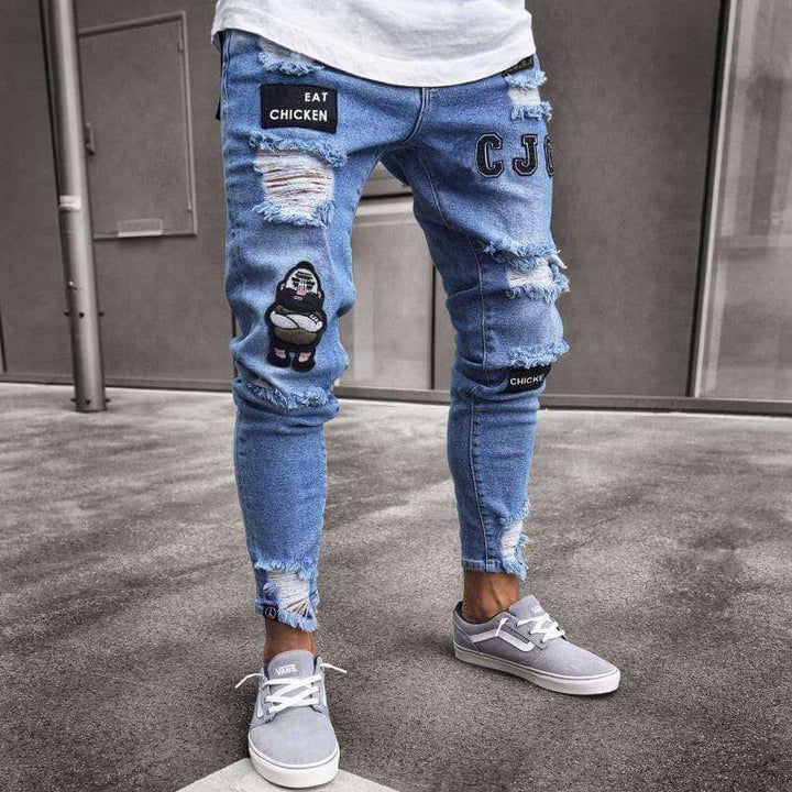 Men's Distressed Skinny Jeans with Embroidered Patches