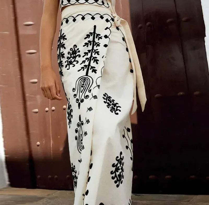 Embroidered Crop Top & Wrap Midi Skirt Set