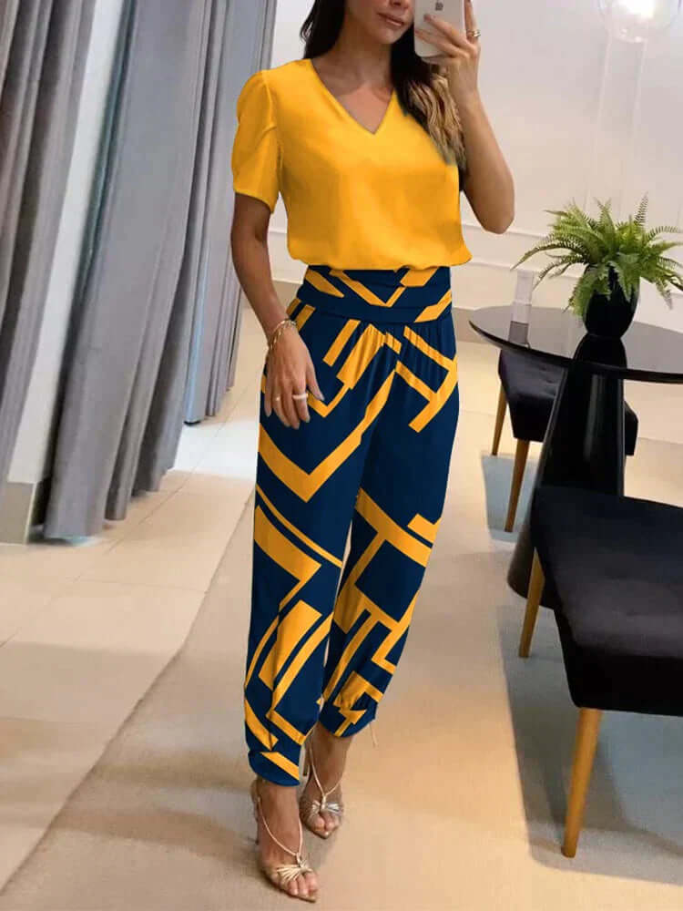 Women's  V-Neck Top & Elastic Waist Pants