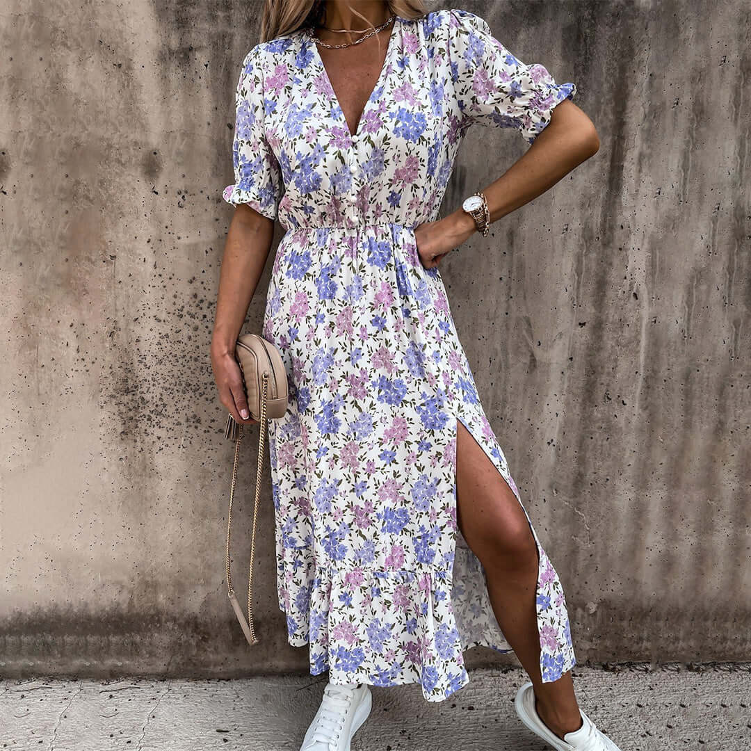 Floral V-Neck Puff Sleeve Midi Dress