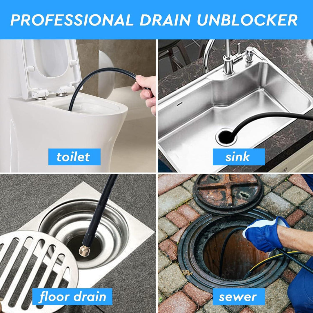 "Flexible high-pressure washer hose compatible with Karcher cleaners, featuring durable woven fabric and brass nozzle."
