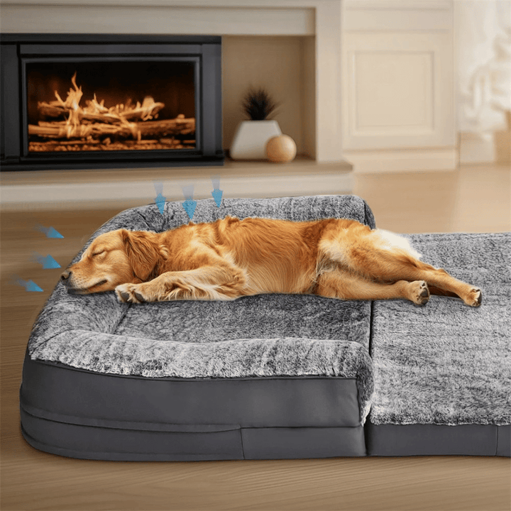 Foldable calming pet bed with plush bolsters, ideal for bonding with pets. Lightweight, spacious, and easy to maintain.