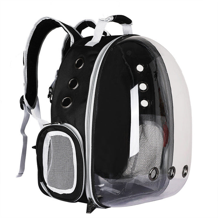 Foldable pet backpack with ventilation, transparent front, mesh panels, adjustable straps, and storage pockets for travel.