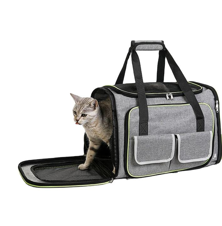 Foldable pet carrier bag with mesh inserts, soft materials, and secure zippers; ideal for comfortable and safe pet travel.