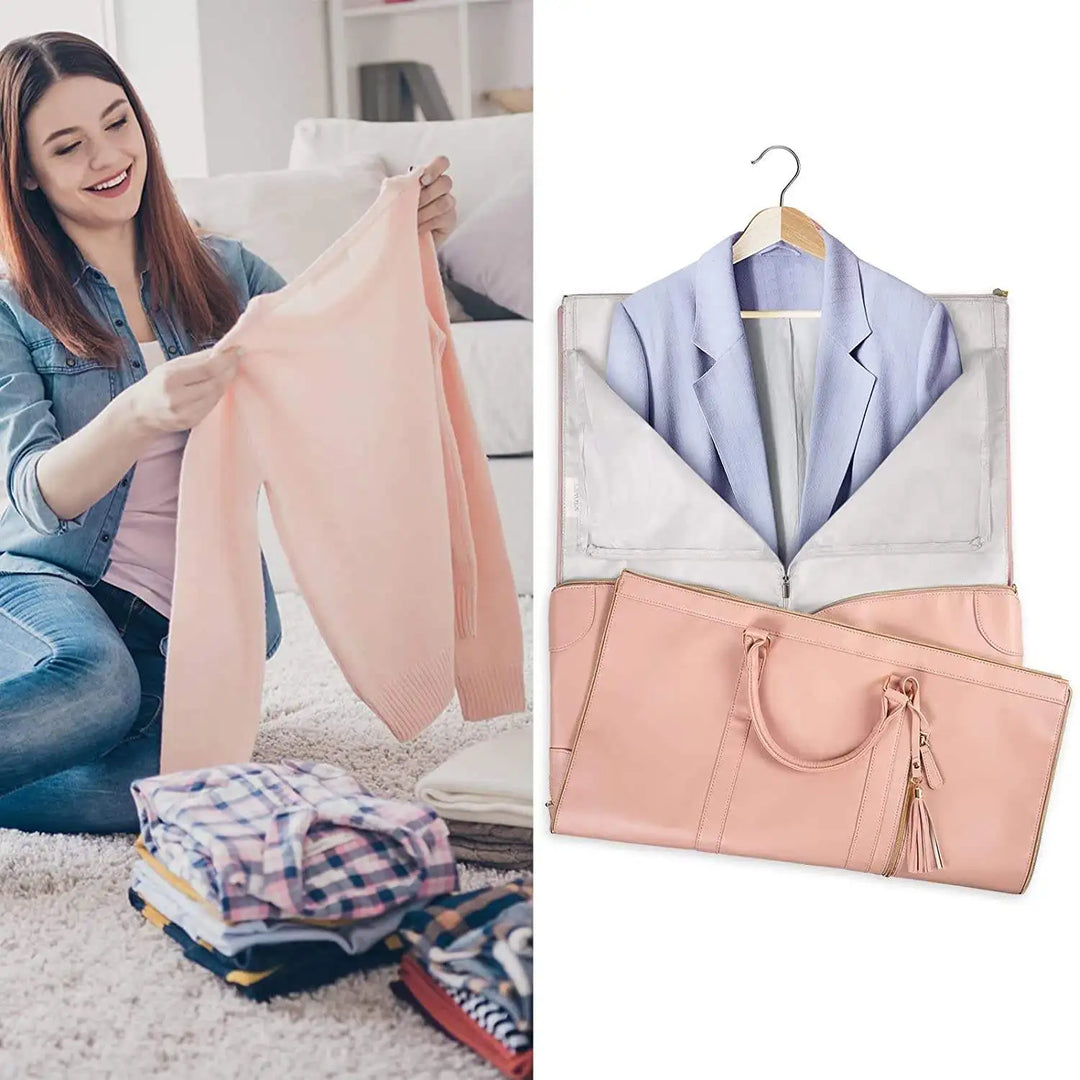 "Foldable smart carry-on bag with sleek design, multi-compartment storage, vegan leather, and garment cover for travel."