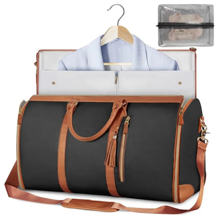 "Foldable smart carry-on bag with sleek design, multi-compartment storage, vegan leather, and garment cover for travel."