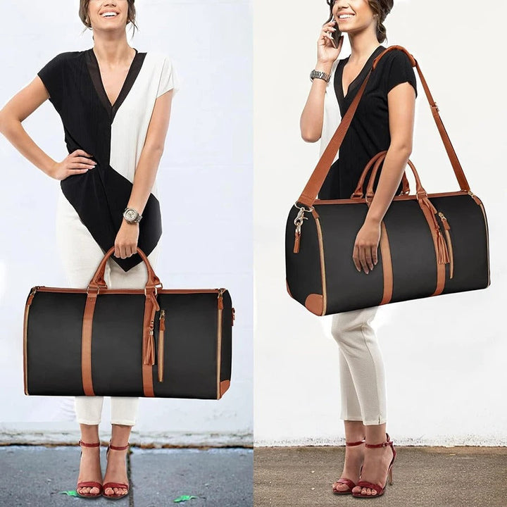 "Foldable smart carry-on bag with sleek design, multi-compartment storage, vegan leather, and garment cover for travel."