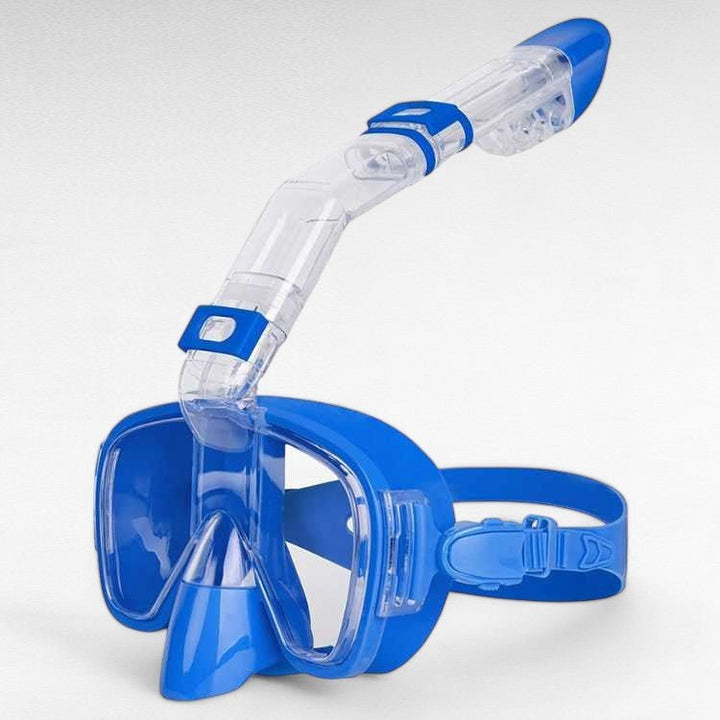 Foldable snorkel mask with 180° view, clear lenses, dry top system for easy breathing, ideal for underwater exploration.