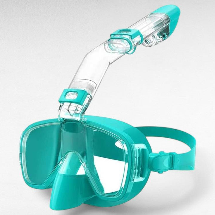 Foldable snorkel mask with 180° view, clear lenses, dry top system for easy breathing, ideal for underwater exploration.