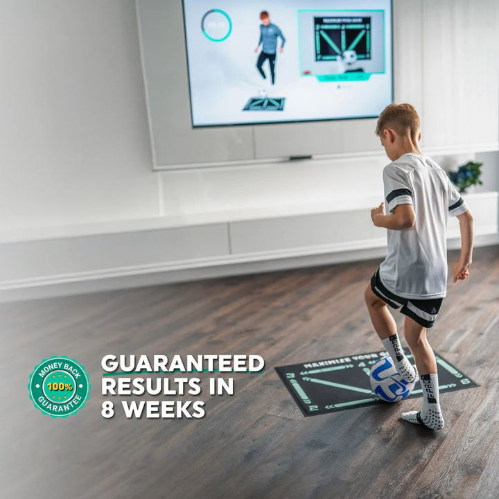 "Football Pro Youth Training Mat for home use, 90cm x 60cm, enhances skills with video program and high-friction surface."