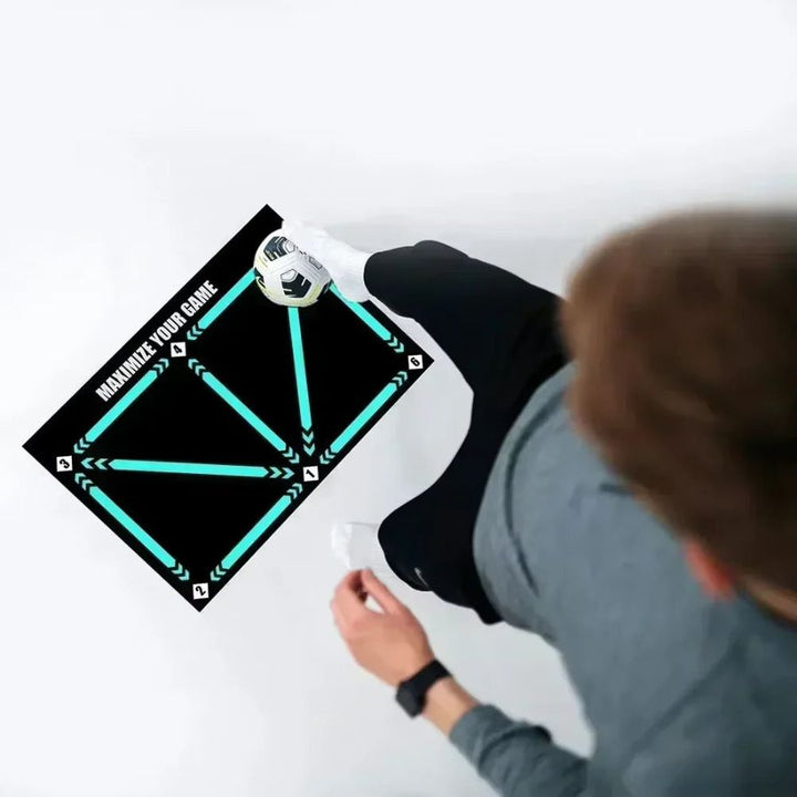 "Football Pro Youth Training Mat for home use, 90cm x 60cm, enhances skills with video program and high-friction surface."