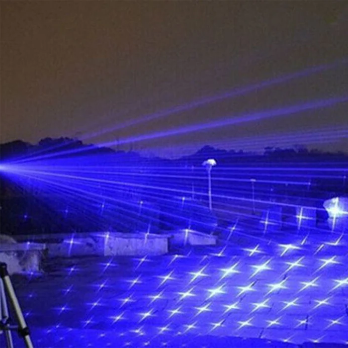 Front view of BlazeMaster Tactical Laser Torch, blue laser, sleek design, compact outdoor tool, technology & gadgets.